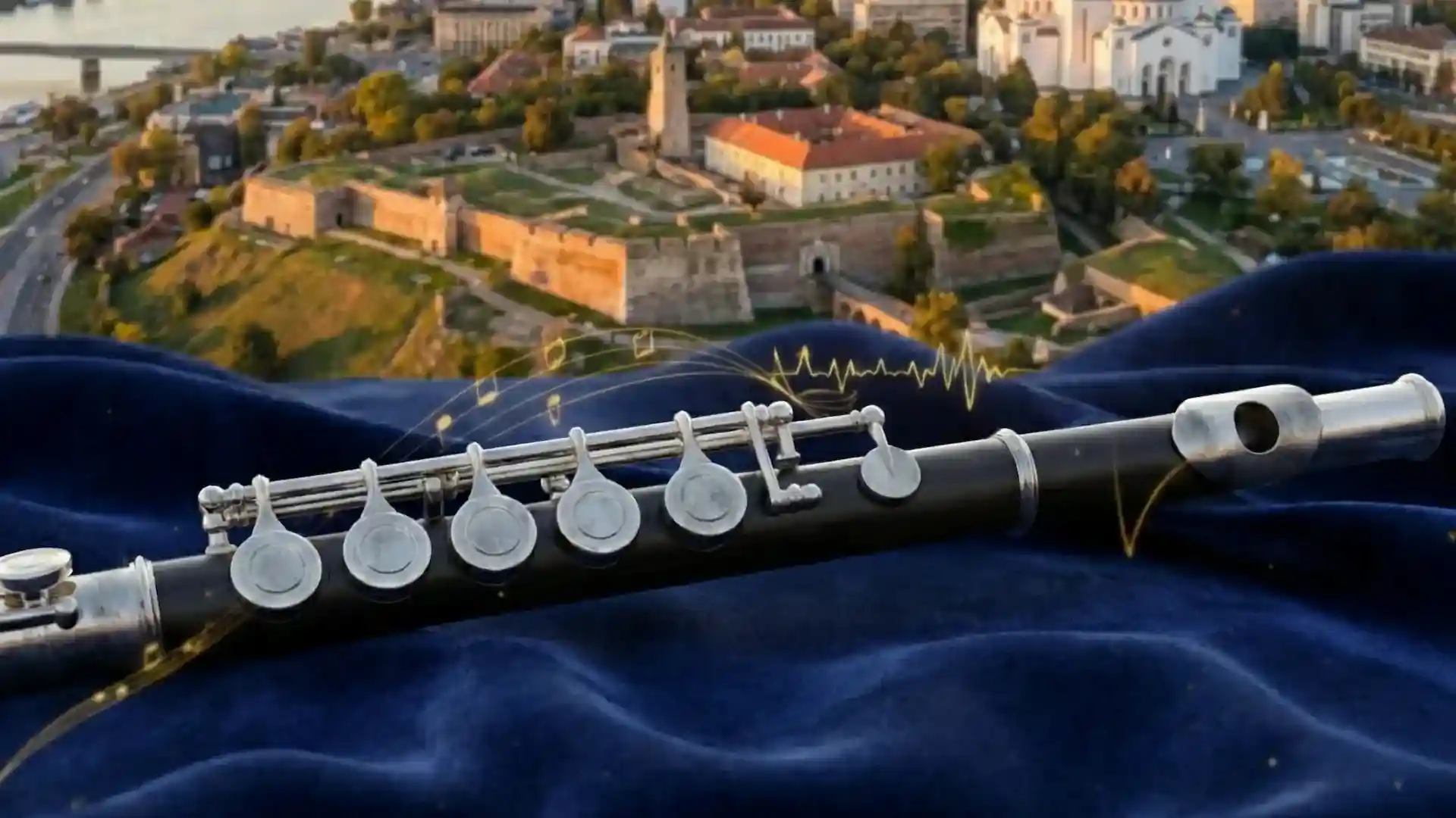 Musician playing the piccolo flute in a concert hall atmosphere